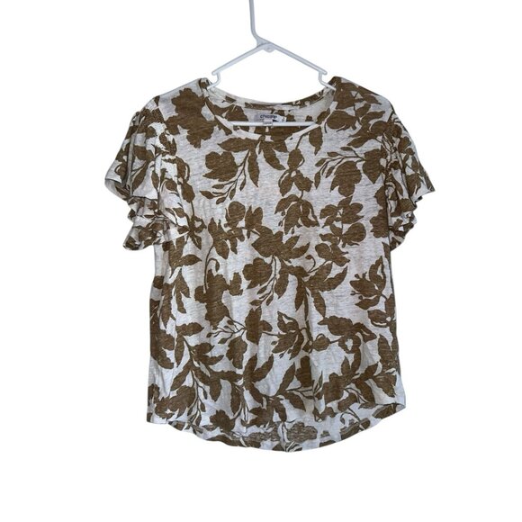 Chico’s Linen Leaf Print Flutter Sleeve Tee Sz 3 US XL 16-18 White Tan - Picture 1 of 6